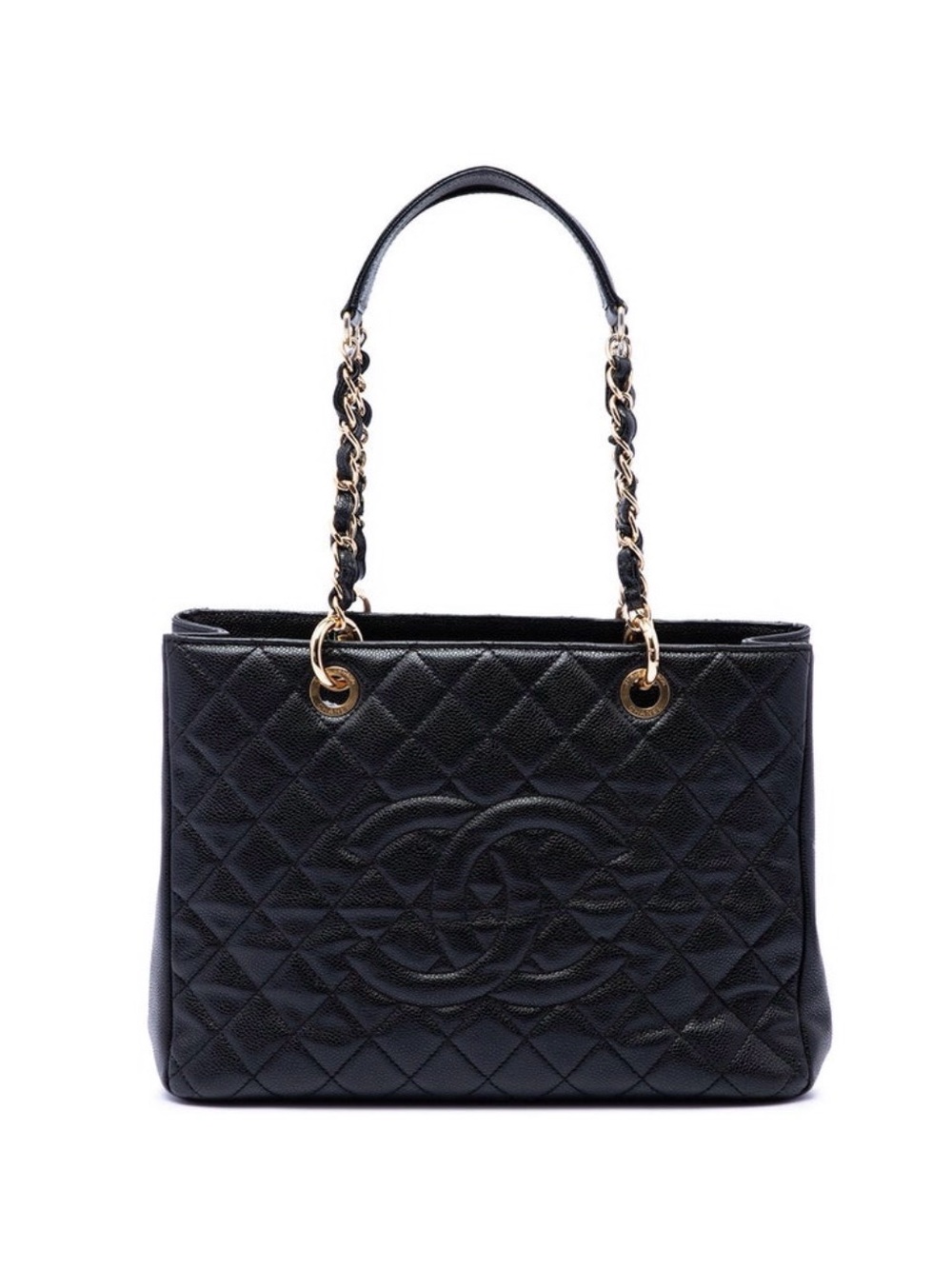 Authentic CHANEL Black Quilted Leather Shoulder Bag with Gold Chain Straps